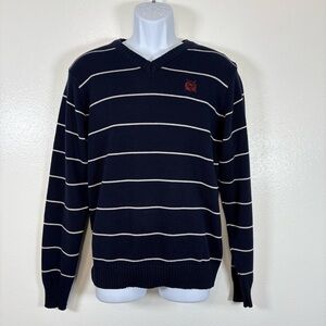 THR3E Clothing Co Navy Blue Striped V-Neck Sweater Men’s Medium Cotton